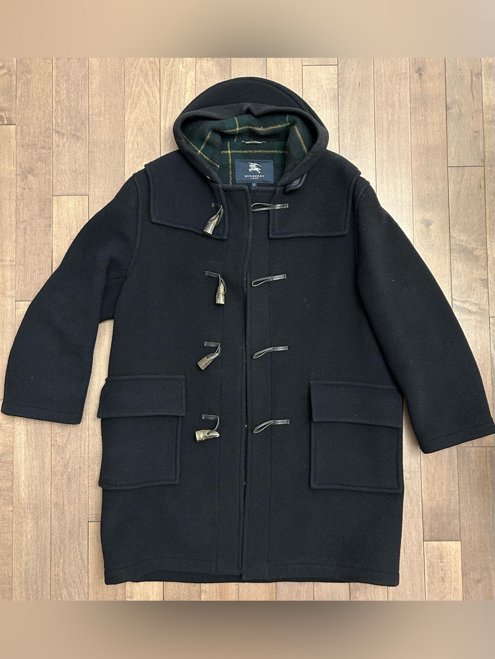 Burberry Black Wool Toggle Duffle Coat with Hood Large